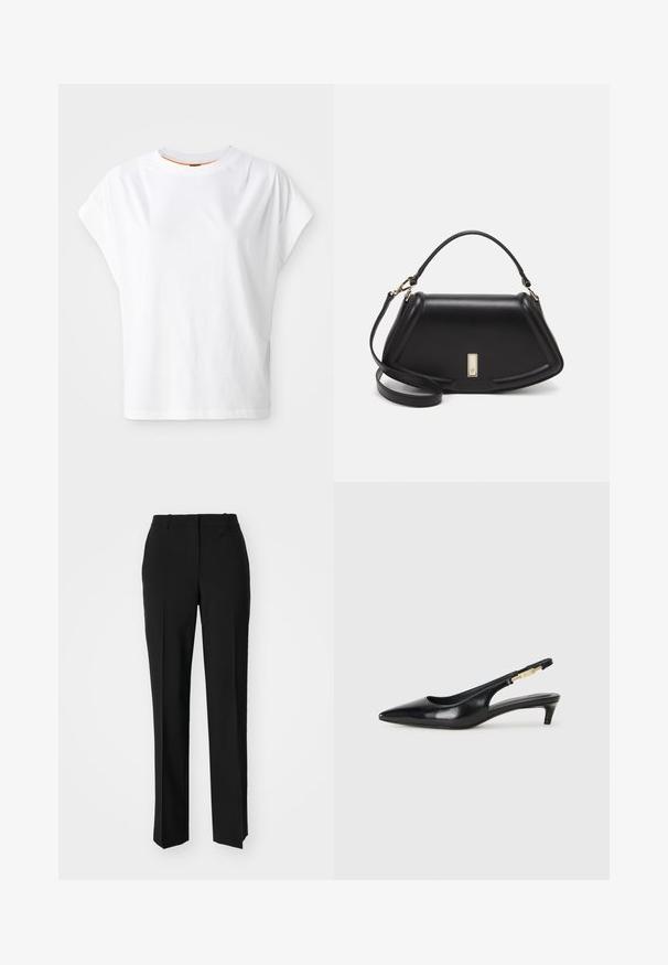 Hvid T-shirt med korte ærmer og løst fit. Har rund halsudskæring og subtil logo-detalje på forsiden. Fremstillet af bomuldsstof.; Sorte skræddersyede bukser med lige ben-design, der har en glat tekstur og skarpe folder langs fronten. Ingen synlige hardware.; Sorte læder slingback hæle med spids tå, der har en slank hæl og en guldfarvet detalje på den justerbare rem. Glat tekstur.; Sort læderhåndtaske med en struktureret design, der har en kortet form, tophåndtag og guld hardware-accenter. Justerbar skulderrem inkluderet.