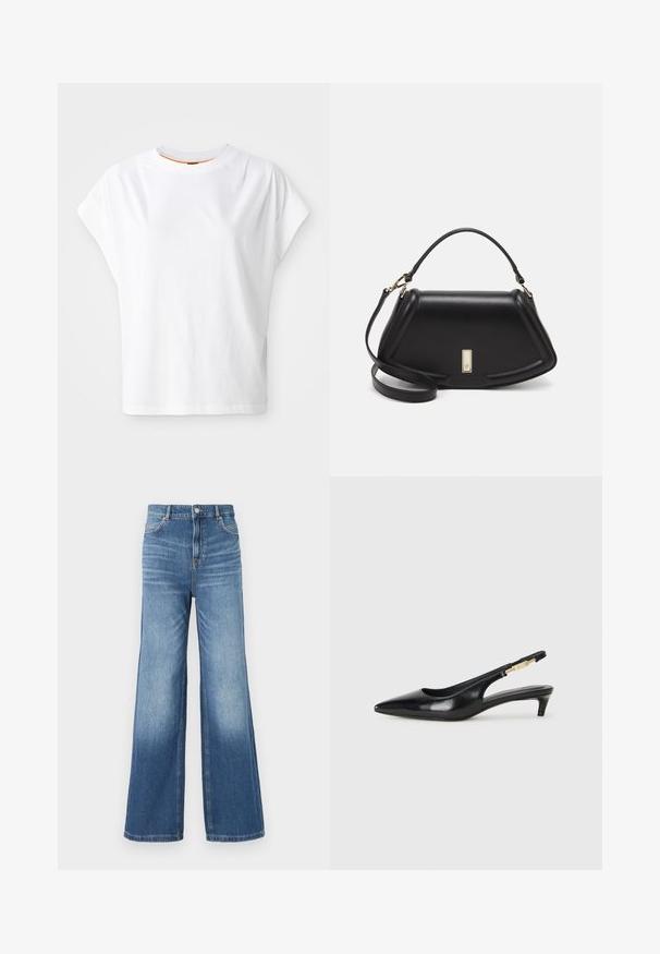 Biała koszulka z krótkim rękawem o luźnym kroju. Posiada okrągły dekolt i subtelny detal z logo z przodu. Wykonana z bawełnianej tkaniny.; Jasnoniebieskie dżinsowe spodnie szerokie u dołu z wysokim stanem, z pięcioma kieszeniami, szlufkami na pasek oraz subtelnym efektem wyblaknięcia w kierunku dołu.; Czarne skórzane szpilki typu slingback z ostrym noskiem, posiadające smukły obcas i złoty akcent na regulowanym pasku. Gładka tekstura.; Czarna skórzana torebka o strukturalnym designie, z przyciętą formą, górnym uchwytem i złotymi akcentami. W zestawie regulowany pasek na ramię.