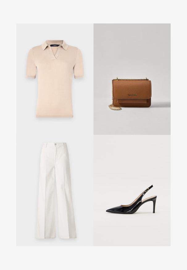 Bež majica s kratkimi rokavi polo kroja, izdelana iz mehkega pletenega materiala. Ima ovratnik v obliki V in rebraste manšete. Ima gladko teksturo in prilegajoč kroj.; Bele široke hlače iz bombaža z gladko teksturo. Imajo gumb spredaj, zadrgo in zasnovo z štirimi žepi.; Črne lakirane slingback čevlje z izostrenim nosom, ozkim peto in subtilnim izrezom. Na traku je zlata sponka.; Rjava teksturirana usnjena torba čez ramo z zlatim verižnim trakom in zapiranjem na pokrov. Spredaj je vidna podrobnost logotipa in žep pod pokrovom.
