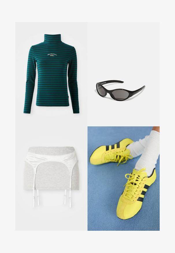 Maglione a maniche lunghe e collo alto in teal con righe orizzontali blu scuro. Presenta un piccolo logo bianco e oro sul petto. Tessuto morbido ed elasticizzato.; Indumento in tessuto di cotone grigio con una fascia satinata bianca e quattro nastri regolabili per scopo di giarrettiera. Texture liscia, design aderente.; Scarpe da ginnastica giallo brillante con strisce nere e lacci; presentano una parte superiore testurizzata e dettagli in camoscio. Indossate con calze bianche a coste.; Occhiali da sole neri con forma ovale e lenti scure. Montatura in plastica elegante con dettagli testurizzati sulle aste. Marchio sul lato.; Borsa a mano in pelle nera con due manici corti, hardware argentato, dettagli bianchi e un logo bianco. Presenta una superficie strutturata e un design compatto.