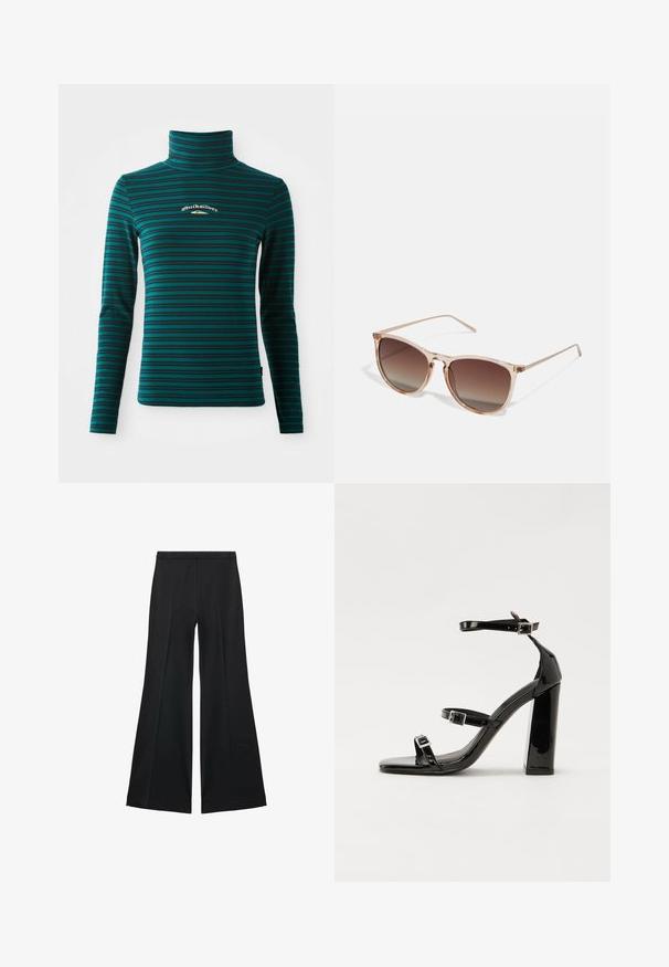 Długi rękaw z golfem w kolorze teal z ciemnoniebieskimi poziomymi paskami. Posiada małe białe i złote logo na klatce piersiowej. Miękki, elastyczny materiał.; Czarne spodnie o szerokich nogawkach z gładką teksturą, z przodu ozdobione zakładkami i skrojonym fasonem. Materiał jest lekki i zwiewny.; Czarne lakierowane sandały na obcasie z kwadratowym noskiem, z paskami wokół kostki i srebrnymi klamrami. Posiadają masywny słupek dla stabilności.; Brązowe okulary przeciwsłoneczne w gradientowym kolorze z przezroczystym różowym ramkiem, w kształcie kwadratu, z cienkimi metalowymi zausznikami. Posiadają zaokrąglone krawędzie i minimalne wykończenie.