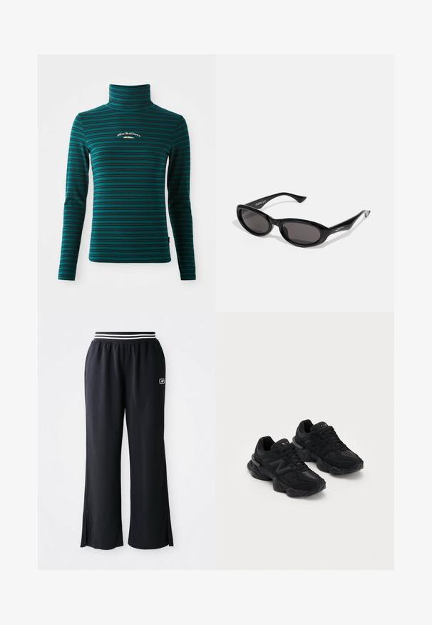 Tílko s dlouhým rukávem a rolákem v barvě teal s tmavě modrými vodorovnými pruhy. Na hrudi je malé bílé a zlaté logo. Měkký, elastický materiál.; Černé sportovní kalhoty s širokým nohavicovým designem, elastickým pasem s černobílými pruhy a bočními rozparky na lemu.; Černé sportovní boty s texturovaným svrškem, které mají výrazné logo "N", pohodlnou podrážku a štíhlý, moderní siluet.; Černé oválné sluneční brýle s tmavými čočkami. Rám je štíhlý, mírně lesklý plast s šikmými konci a diskrétním označením na spáncích.