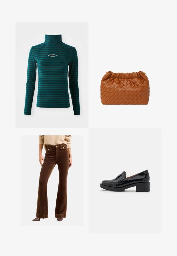 Langärmliges Rollkragenoberteil in Türkis mit dunkelblauen horizontalen Streifen. Verfügt über ein kleines weißes und goldenes Logo auf der Brust. Weicher, dehnbarer Stoff.; Braune Corduroy-Engpasshosen mit hoher Taille, Fronttaschen und goldfarbenen Knopfakzenten. Der Stoff hat eine weiche, gerippte Textur.; Schwarze Lackleder-Lederschuhe mit einem niedrigen, klobigen Absatz, ausgestattet mit einem vorderen Riemen-Detail und einer strukturierten Gummisohle für besseren Halt.; Braune geflochtene Lederhandtasche mit einem gerafften Oberteil und goldenen Hardware-Details. Kompakte rechteckige Form, glatte Textur und geflochtenes Muster.