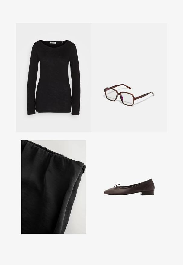Čierny top s dlhým rukávom a širokým okrúhlym výstrihom, vyrobený z textúrovanej tkaniny. Má priliehavé rukávy a štíhly strih.; Čierna tkanina s hladkou textúrou, s gather elastickým pásom a bočným zipsom. Má ľahký dizajn a splývavý tvar.; Hnedé kožené baletky s zaoblenou špičkou a malým blokovým podpätkom. Obsahujú tenkú mašľu vpredu a jemné švy.; Hnedé, obdĺžnikové dioptrické okuliare s priehľadnými šošovkami a fialovými odtieňmi. Hladký plastový rám so zásadnými nožičkami a jemnými akcentmi.