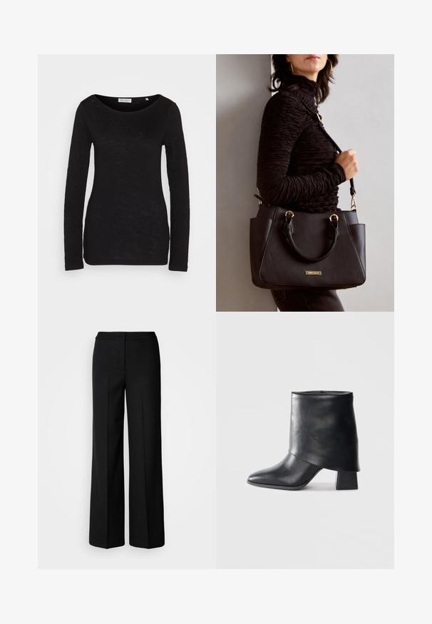 Black long-sleeve top with a wide scoop neckline, made from a textured fabric. Features fitted sleeves and a slim silhouette.; Black wide-leg trousers with a smooth fabric, featuring a high waist, tailored seams, and a minimalist design. No visible hardware or pockets.; Black leather ankle boot with a pointed toe, smooth texture, and a structured block heel. Features a high, folded cuff design.; Black handbag with textured surface, dual top handles, and adjustable shoulder strap. Features gold-tone hardware and side pockets.