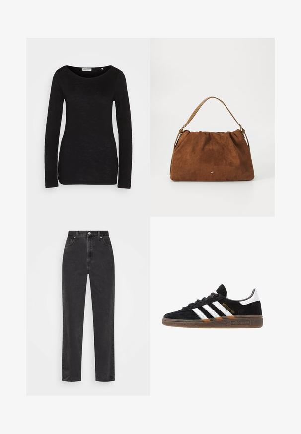 Melnas krāsas garas piedurknes tops ar plašu izgriezumu, izgatavots no teksturēta auduma. Iezīmētas piegulošas piedurknes un šaura silueta.; Melnas džinsus ar taisnu kāju un augsto jostu, ar priekšējo pogu un rāvējslēdzēju, kā arī piecu kabatu dizainu uz balta fona.; Melnas Adidas sporta kurpes ar baltām svītrām, zelta "Spezial" uzrakstu, gumijas zoli un baltu papēža daļu, attēlotas profila skatījumā.; Brūna zamšāda soma ar savilkšanas dizainu, kurai ir viena gaiši brūna ādas siksna un smalka zelta logo detaļa priekšpusē.