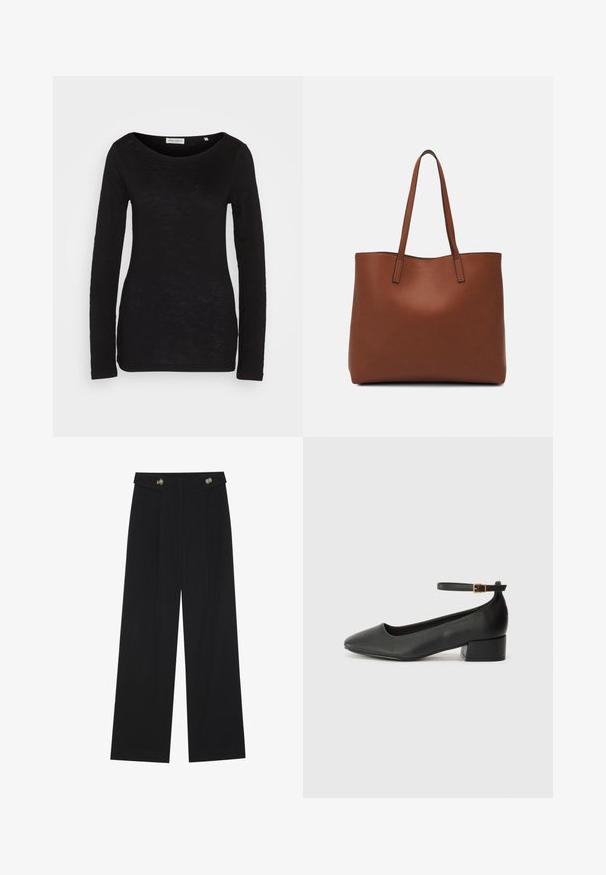 Juodas ilgomis rankovėmis topas su plačiu apvaliu iškirpimu, pagamintas iš tekstūruoto audinio. Turi prigludusias rankoves ir liekną siluetą.; Juodi plačios kojos kelnės su aukštu liemeniu, sagų detalėmis ant liemens ir priekinėmis raukšlėmis.; Juodas odinis aukštakulnis batelis su smailiu pirštu ir žemu bloku. Su kulkšnies dirželiu su auksinės spalvos sagtimi. Lygus paviršius.; Ruda odinė priekabų krepšys su glotnia tekstūra, atviru viršumi ir dviem petnešomis. Su minimalia siuvimo detalėmis ir nematoma aparatūra.