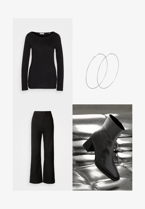 Schwarzes Langarm-Oberteil mit weitem Ausschnitt, aus einem strukturierten Stoff gefertigt. Verfügt über enganliegende Ärmel und eine schlanke Silhouette.; Schwarze weit geschnittene Hosen mit glatter Textur, hoher Taille und klarem Design. Keine sichtbaren Taschen oder Verzierungen.; Schwarzer Knöchelstiefel aus glänzendem Material mit quadratischer Zehenform und verjüngtem Absatz, vor einem glänzenden silbernen gepolsterten Hintergrund.; Silberne Creolen mit minimalistischem Design. Rundform, glatte Oberfläche und dünnes Profil. Leichtgewichtig mit hochglänzender Oberfläche.