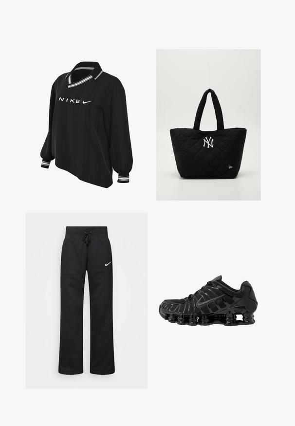 Nike Sportswear Pikeepaita - black/white; Mustat collegehousut, jotka on valmistettu puuvillasekoitteesta, joten niissä on kiristettävä vyötärö, suoralahkeisuus ja vasemmalla puolella valkoinen Nike-logo.; Mustat urheilukengät, joissa on verkkoyläosa ja kiiltävät yksityiskohdat. Varustettu kaarevalla jousituksella ja teksturoiduilla viivoilla sivuilla. Nike-logo näkyvissä.; Mustikkavärinen tikattu kassi, jossa on tuplakahvat ja valkoinen New York Yankees -logo sekä pieni brändin emblem sivussa.
