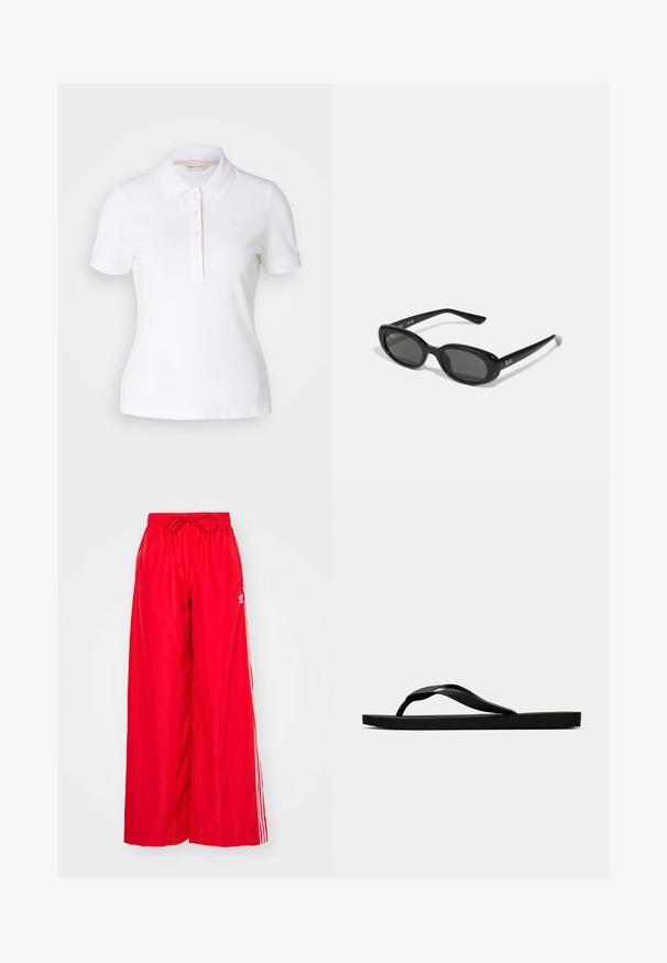 Balta polo marškiniai su klasikiniai apykakle, trumpomis rankovėmis, penkių mygtukų užsegimu ir subtiliu toniniu prekės ženklu krūtinėje; medvilnės medžiaga.; Raudoni plačiakojai kelnių, pagaminti iš lengvos medžiagos, turi baltas šonines juosteles ir elastinį liemenį su raišteliu.; Juodas gumos šlepetės tipo sandalai su tekstūruota dirželiu ir paprastu plokščiu padu, rodomi iš šono ant vientiso šviesaus fono.; Juodos saulės akiniai su ovaliais lęšiais, blizgiai plastikinis rėmas ir plonos kojelės. Šone matomas balta Ray-Ban logo.; Juodas odinis rankinės krepšys su struktūrizuota forma, glotnia tekstūra ir viena petneša. Pasižymi subtiliu, apvaliu dangčiu.