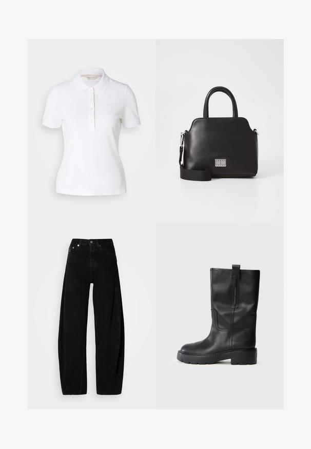 Hvit polo-skjorte med klassisk krage, korte ermer, fem-knapps knappestolpe og subtil tonet merkevare på brystet; i bomullsmateriale.; Svarte denimbukser med bred benvidde og høy midje, med knappestolpe, fem lommer og minimale sømdetaljer.; Sorte skinn kne-høye støvler med et elegant design, med tykk såle og et sidehank for enkel påkledning. Merket med synlige sømdetaljer.; Svart syntetisk håndveske med topphåndtak, avtakbar skulderstropp, rund form, glatt tekstur og sølvfarget logo aksent på forsiden.