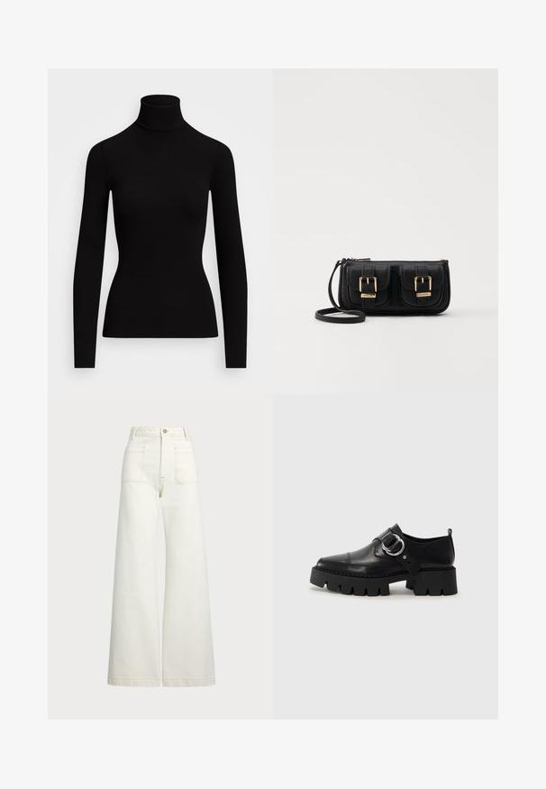Polo Ralph Lauren STRETCH RIBBED TURTLENECK - Ilgarankovis viršutinės dalies drabužis - black; Plati kojinės džinsai of white denimo. Aukštas liemuo, su mygtuko uždarymu, dviem priekinėmis kišenėmis ir kontrastingai siuvinėjimu.; Juodos odinės bateliai su masyviu, grioveliuotu padu, su apvaliu sidabro detalės akcentu ir minimaliais siuvimo elementais.; Juodas odinis per petį nešiojamas krepšys su dviem priekiniais kišenėmis, auksiniais sagtimis, užtrauktuko uždarymu ir siauromis petnešomis. Textūruota paviršius ir kompaktiškas stačiakampis formatas.