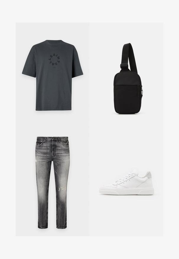 AllSaints TIERRA CREW - Marškinėliai su spaudiniu - jackson blue; Išblukę juodi džinsai su tiesiu kirpimu, turintys susidėvėjusių vietų, priekinę kišenę ir klasikinį mygtuko užsegimą.; Balti odiniai sportbačiai su lygiu paviršiumi, apvaliu pirštu, plokščiomis raištelėmis ir struktūrizuota padu. Pilko zimšo akcentas ant kulno.; Juodas per petį nešiojamas krepšys, pagamintas iš patvarios medžiagos, su vienu reguliuojamu diržu, užtrauktuku užsidarančia pagrindine kišene ir priekyje esančia kišene.