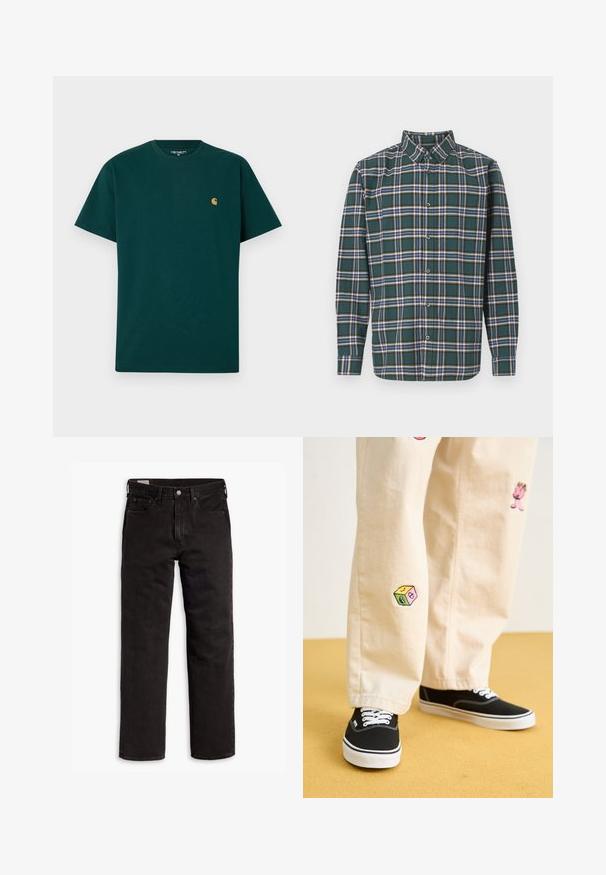 Grøn bomulds t-shirt med korte ærmer, rund halsudskæring og et lille gult logo på brystet. Glat tekstur og enkelt design.; Grøn flannelskjorte med et ternet mønster, der har blå, hvid og sennepsgul linjer. Knappet front og spids krave. Lange ærmer.; Sorte lige bukser i denim med fem lommer, knaplukning og bæltestropper, lagt fladt ud på en hvid baggrund.; Beige bomuldsbukser med legende broderede designs, herunder en lyserød karakter og farvede blokke, parret med sorte snørebåndssneakers.