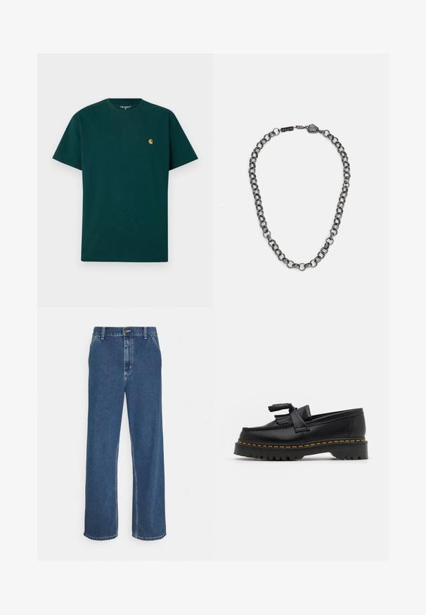 Vihreä puuvillapaita lyhyillä hihoilla, pyöreä pääntie ja pieni keltainen logo rinnassa. Sujuva pinta ja yksinkertainen muotoilu.; Siniset farkut suoran leikkauksen, viiden taskun muotoilun, metallinappikiinnityksen ja näkyvän ompelun saumoissa ja helmassa.; Musta nahkakengät, joissa on tupsuakkentti, paksu musta pohja ja keltainen ommel reunassa. Rakeinen pinta.; Metallinen ketjun kaulaketju, jossa on pitkänomaisia linkkejä tummassa metallinvärisessä sävyssä. Sisältää geometrisen koristeen ja klipsin, jossa on brändäysdetalji.