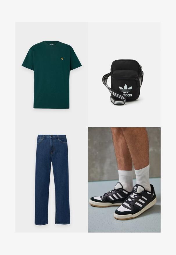 Grünes Baumwoll-T-Shirt mit kurzen Ärmeln, rundem Halsausschnitt und einem kleinen gelben Logo auf der Brust. Glatte Textur und schlichtes Design.; Dunkelblaue gerade geschnittene Jeans mit Fronttaschen und Knopfverschluss, auf einem schlichten weißen Hintergrund präsentiert.; Schwarz-weiße Sneaker mit einem Obermaterial aus Wildleder und Leder, ausgestattet mit drei weißen Streifen, einer perforierten Zehenpartie und einer Sohle aus Gummi.; Schwarze Umhängetasche aus Stoff mit Reißverschluss, ausgestattet mit einem weißen Adidas-Logo und einem gestreiften, verstellbaren Tragegurt für einfachen Transport.
