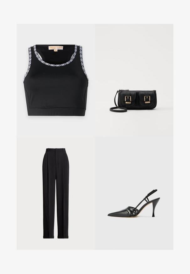 Czarny crop top z gładkiego materiału, z okrągłym dekoltem i kontrastowym białym wykończeniem logo wzdłuż krawędzi.; Czarne dopasowane spodnie z wysokim stanem, z kantami z przodu, prostą nogawką i mankietem na dole. Wykonane z gładkiego materiału.; Czarne skórzane buty na wysokim obcasie typu slingback z ostro zakończonym noskiem, krzyżującymi się paskami i smukłym obcasem w szpic. Gładka faktura i minimalne akcenty.; Czarna skórzana torba na ramię z dwoma przednimi kieszeniami, złotymi klamrami, zamkiem błyskawicznym i cienkim paskiem. Teksturowana powierzchnia i kompaktowy prostokątny kształt.