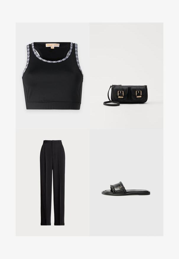 Crop top noir en tissu lisse avec un col rond et une finition en logo blanc contrastant sur les bords.; Pantalons noirs ajustés à taille haute, dotés de plis à l'avant, d'une coupe droite et d'un ourlet à revers. Fabriqués en tissu lisse.; Sandale en cuir noir avec des détails de lanière tissée, semelle plate et design épuré. Texture lisse et profil minimaliste.; Sac en cuir noir porté en travers avec deux poches avant, boucles dorées, fermeture zippée et une sangle fine. Surface texturée et forme rectangulaire compacte.