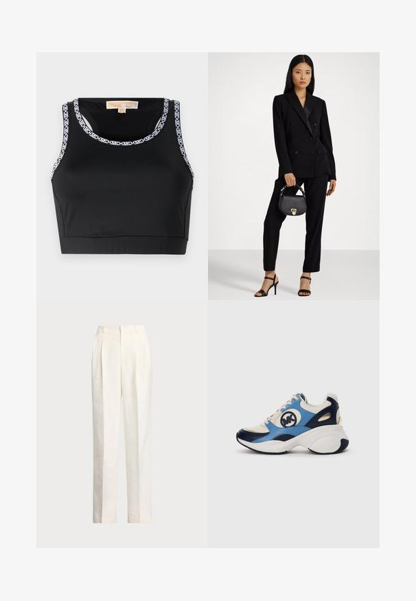 Black crop top made of smooth fabric featuring a round neckline and contrasting white logo trim along the edges.; Polo Ralph Lauren HEMP WIDE LEG PANT - Trousers - nevis; White, navy, and light blue suede sneaker with chunky sole and circular embroidered logo on the side.; Black double-breasted blazer with matching trousers. Smooth fabric, structured design, and a fitted silhouette. Holds a small black handbag.