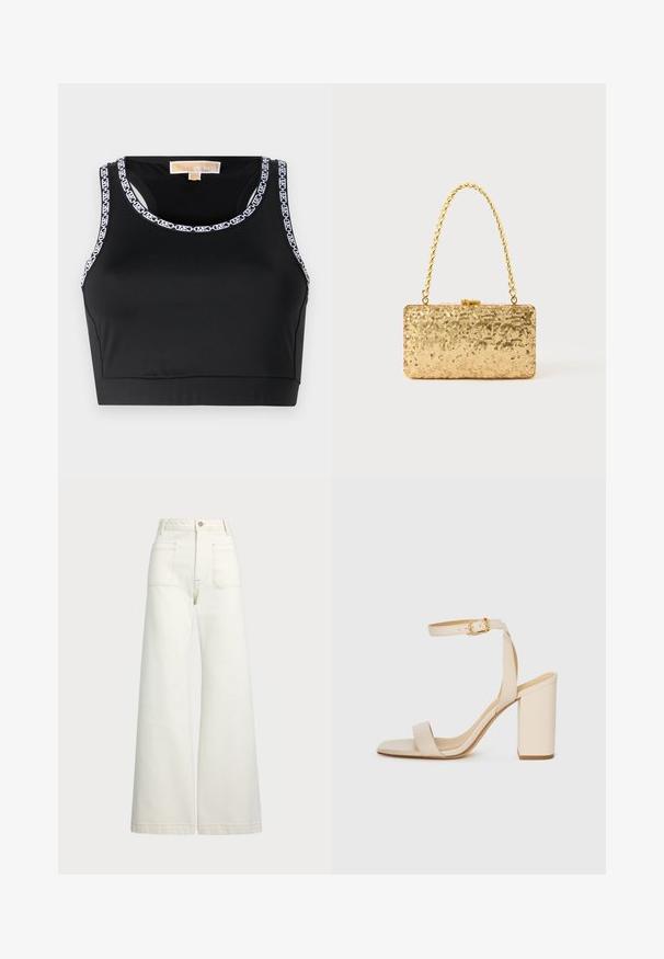 Čierny crop top vyrobený z hladkej látky, ktorý má okrúhly výstrih a kontrastný biely logový lem na okrajoch.; Džínsy s širšími nohavicami v off-white denim. Vysoký pás s gombíkovým zapínaním, dve predné vrecká a kontrastné švy.; Béžové sandále na vysokom opätku so štvorcovou špičkou, tenkým remienkom na členku a blokovým opätkom. Hladká kožená textúra s detailom zlatého spony.; Zlatá flitrová listová taška s obdĺžnikovým tvarom, vybavená skrúteným reťazovým držadlom a kovovým uzatváraním, odrážajúca svetlo s textúrovaným povrchom.