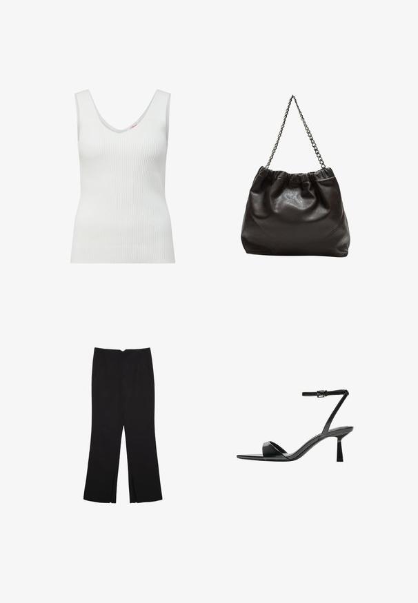 Weißes geripptes Tanktop mit ärmellosem Design, tiefem V-Ausschnitt und figurbetonter Silhouette. Die Textur ist glatt und hat einen leichten Stretch.; Schwarze Hose mit geradem Schnitt, ausgestattet mit Fronttaschen und Seitenschlitzen am Saum. Hergestellt aus weichem, glattem Stoff. Geeignet für verschiedene Anlässe.; Bershka High Heel Sandalette - black; Braune Lederhandtasche mit gerafftem Oberteil und Kettenriemen. Glatte Textur mit glänzendem Finish und subtilen Nahtdetails an den Seiten.