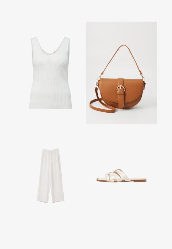 Witte geribbelde tanktop met een mouwloos ontwerp, diepe V-hals en een aansluitende pasvorm. De structuur is glad met een lichte rek.; Witte wijde broek gemaakt van een lichte stof. Voorzien van een elastische tailleband met een trekkoord en zijzakken. Zachte textuur.; Vlakke sandalen met een tan rubberen zool, ontworpen met drie overlappende witte leren banden en een kleine strikdetail in het midden.; Bruine leren schoudertas met een gebogen vorm, gouden hardware en een gespaccent. Bevat een afneembare schouderriem.
