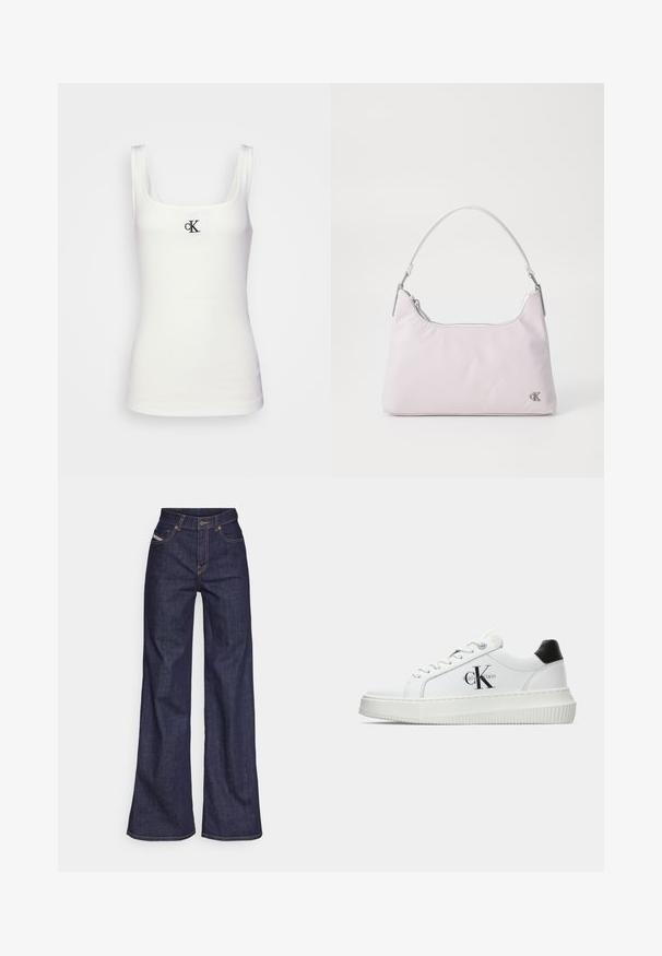 Fehér pamut ujjatlan top négyzet alakú nyakkivágással és keskeny vállpántokkal. A frontrészén egy kis fekete hímzett CK logó található.; Sötétkék, bő szárú farmernadrág, magas derékkal, narancssárga varrással, öt zsebes kialakítással és gombos zárással.; Fehér alacsony szárú edzőcipő fekete saroktabbal, platform talppal, fűzőkkel és Calvin Klein "CK" logóval az oldalán.; Világos rózsaszín nylon válltáska ívelt fogantyúval, felső cipzáros záródással, ezüst színű hardverrel és kis logóval az oldalon.