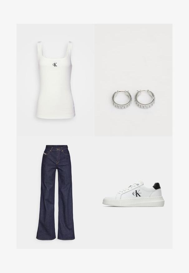 Biely bavlnený top s hranatým výstrihom a úzkymi ramienkami. Na prednej strane má malé čierne výšivkové logo CK.; Tmavomodré široké džínsy z denimu s vysokým pásom, zdobené oranžovým šitím, päť vreckovým dizajnom a zapínaním na gombík.; Biele nízke tenisky s čiernym pätkovým dielom, platformovou podrážkou, šnúrkami a logom "CK" značky Calvin Klein na boku.; Strieborné kruhové náušnice s textúrovaným dizajnom, ktorý obsahuje vertikálne ryhy. Obdĺžnikový tvar so zabezpečovacím uzáverom. Hladký povrch.