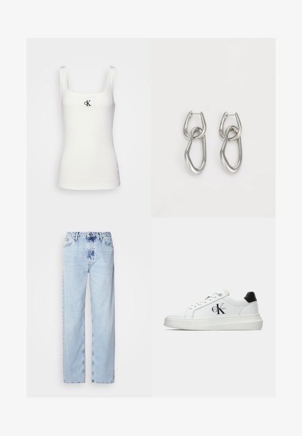 Hvit bomullstank topp med firkantet utringning og smale skulderstropper. Har en liten svart brodert CK-logo på forsiden.; Lyseblå vide jeans laget av denim, med høy midje, falmet vask og subtilt tie-dye mønster foran.; Hvite lavsko med svart hæltab, plattformsåle, snøringer og Calvin Klein "CK" logo på siden.; Calvin Klein STATEMENT LINKS - Øredobber - silver-coloured