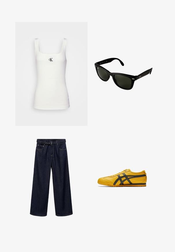 White cotton tank top with a square neckline and narrow shoulder straps. Features a small black embroidered CK logo on the front.; Dark blue wide-leg jeans made of denim. Features a belted waistband with multiple buttons, front pockets, and a clean finish at the hems.; Yellow leather athletic shoe with black stripes, round toe, and lace-up design. Features textured rubber sole and minimalistic style.; Black plastic sunglasses with dark green lenses. Square frame design features silver accents and an embossed logo on the temple.; Black woven leather handbag with a slouchy design, featuring a knotted strap and a small decorative gold stud at the top.