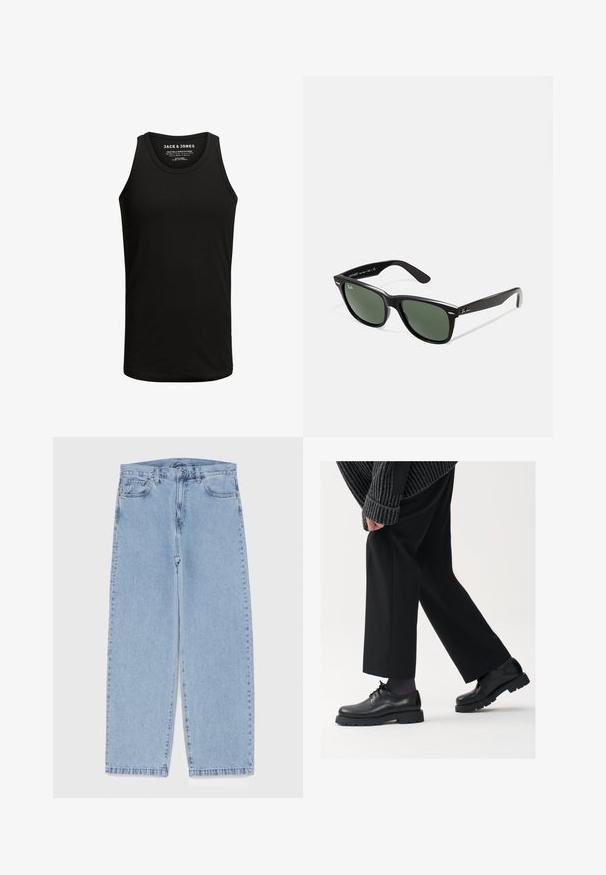 Fekete ujjatlan póló, pamut keverék anyagból készült, klasszikus kerek nyakkivágással. Egyszerű, minta nélküli textúra.; Világoskék farmernadrág egyenes szárú kivitelben, közepes derékkal, öt zsebbel, gombos és cipzáros záródással.; Fekete bőr cipők kerek orral, fűzős kialakítással és vastag, texturált talppal. Öltönyös fekete nadrággal és bordázott pulóverrel viselve.; Fekete műanyag napszemüveg zöld lencsékkel, négyzet alakú kerettel, ezüst díszítéssel a keret felső részén, valamint texturált szárakkal. A márka neve a belső száron található.
