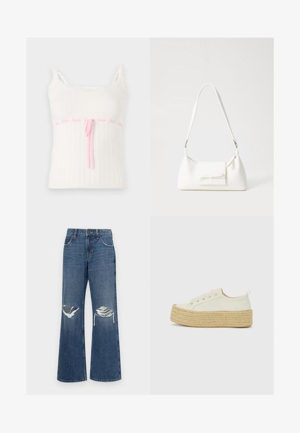 White ribbed tank top with a fitted design, featuring a pink drawstring waist and lace trim on the straps. Textured with a subtle pattern.; Denim wide-leg jeans in medium blue, featuring distressed knee rips, raw hem edges, and a classic five-pocket design with metal button closure.; Platform sneakers in off-white canvas with a textured, woven jute sole. Features metal eyelets and flat laces. Rounded toe design.; White synthetic handbag with a triangular shape, flat front flap and bow detail, adjustable strap, smooth texture, and minimalistic design.
