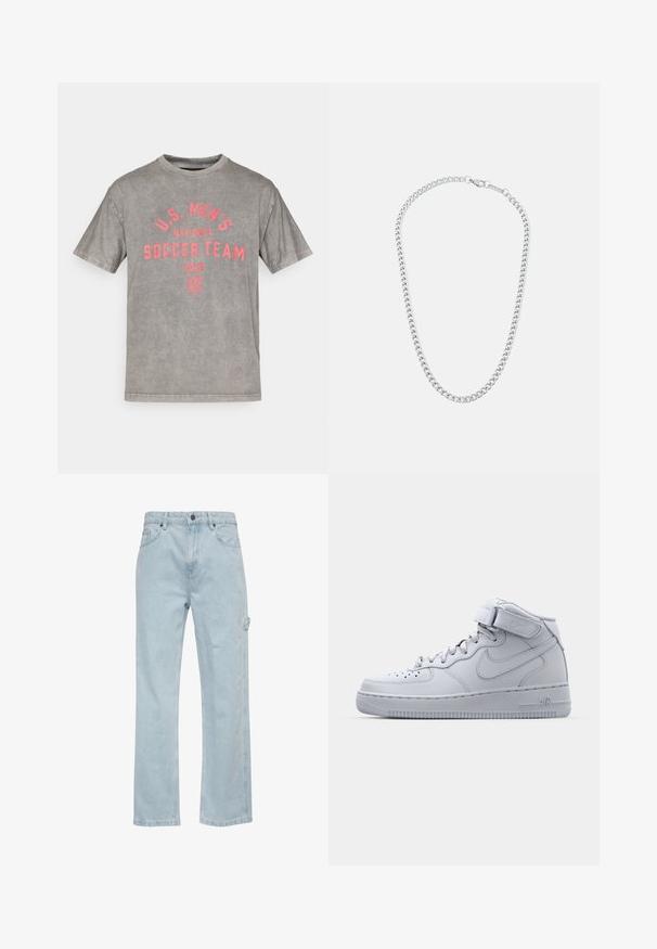 Tricou gri din bumbac cu imprimeu "Echipa Națională de Fotbal a SUA 2026" în roz aprins, gât rotund, mâneci scurte, textură uzată.; Jeans din denim de un albastru deschis, cu un design cu picioare drepte, având buzunare în față și în spate, precum și un buzunar lateral pentru cargo. Textură netedă, stil casual.; Adidași înalți gri Nike Air Force 1, cu partea superioară din piele, guler căptușit și o curea Velcro. Designul iconic include o cutie a vârfului perforată.; Colier din metal argintiu cu lanț, featuring inele interconectate și un închizător sigur, textură netedă, finisaj uniform și un design clasic.