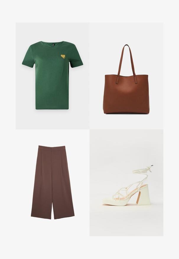 Zelené bavlnené tričko s okrúhlym výstrihom a krátkymi rukávmi. Obsahuje malý zlatý srdiečkový grafický motív na hrudníku. Mäkká textúra, voľný strih.; Hnedé nohavice so širokými nohavicami a hladkou textúrou, s vysokým pásom a prednými skladmi. Tkanina je ľahká a voľne sa pohybuje.; Biele sandále na vysokom opätku s hrubým podpätkom, s pruhovaným dizajnom a viazaním na členku. Hladký povrch s platformou vpredu pre zvýšenú výšku.; Hnedá kožená taška na rameno s hladkou textúrou, otvoreným vrchom a dvoma ramenými popruhmi. Má minimálne šitia a žiadne viditeľné kovania.