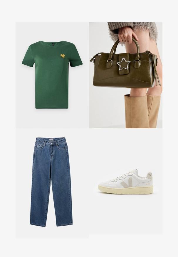 Zelené bavlněné tričko s kulatým výstřihem a krátkými rukávy. Na hrudi má malou zlatou srdíčkovou grafiku. Měkká textura, volný střih.; Klasické modré džíny z denimu se střihy rovné nohy, pěti kapsami a zapínáním na knoflík. Mají střední odstín a odolnou texturu.; Bílé kožené tenisky s béžovými semišovými akcenty, perforovanou špičkou, plochými tkaničkami a strukturovanou krémovou podešví. Obsahují jemné logo na patě.; Olivově zelená kabelka z imitace kůže se stříbrnou hvězdou, dvojitými rukojeťmi a zipovým uzávěrem. Texturovaný povrch a strukturovaný tvar.