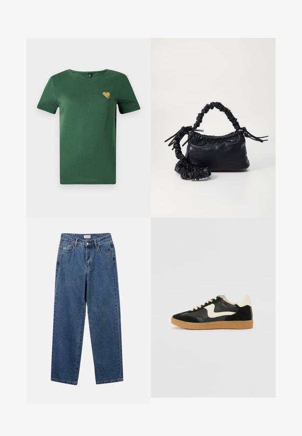 Green cotton t-shirt with a round neckline and short sleeves. Features a small gold heart graphic on the chest. Soft texture, casual fit.; Classic blue denim jeans with a straight-leg design, five pockets, and a button closure. Features a medium wash and sturdy texture.; Black suede and leather sneaker with a cream side swoosh and light cream heel. Features beige laces and a gum rubber outsole.; Black faux leather handbag with a crocodile texture, cinched top, and a scrunched strap. Appears soft and compact in design.