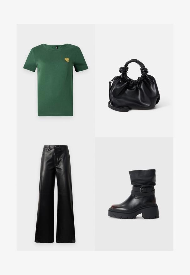 Grønn bomulls t-skjorte med rund hals og korte ermer. Har et lite gullhjerte-grafikk på brystet. Myk tekstur, ledig passform.; Sorte høy midje vide ben bukser i imitert skinn med knapp foran, glidelås, beltehemper og sidelommer på hvit bakgrunn.; Svart lær ankelstøvel med en slapp overdel, spenne detaljer og tykk, robust såle. Har en rund tå og glatt tekstur.; Svart lær veske med samlet design, korte, runde håndtak og avtagbar skulderrem. Glatt tekstur med en myk silhuett.