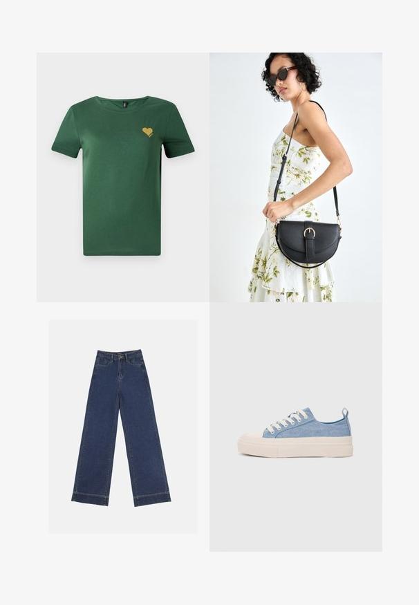 Zöld pamut póló kerek nyakkivágással és rövid ujjakkal. A mellkason egy kis arany szívgrafika található. Puha tapintású, laza fazonú.; Sötétkék denim széles lábú farmernadrág. Öt zsebbel, övhurkokkal és nyers szegéllyel az alján, amelyen látható varrási részletek találhatók.; Világoskék vászon sportcipők, krémszínű gumitippel és talppal, fehér fűzőkkel és egy húzófüllel a sarkán.; Fekete bőrtáska ívelt formával, levehető pánttal és arany színű fémrészekkel. A táskán egy csattal díszített fedél található.