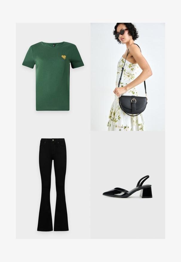 Zelené bavlněné tričko s kulatým výstřihem a krátkými rukávy. Na hrudi má malou zlatou srdíčkovou grafiku. Měkká textura, volný střih.; Černé vysoké džíny s knoflíkem a zipovým zapínáním, předními kapsami a rozšířenými nohavicemi, ležící na bílé podložce.; Černé lakované kožené lodičky na pásku s špičatou špičkou a geometrickým blokovým podpatkem. Vyznačují se elegantním, minimalistickým designem a hladkým povrchem.; Černá kožená kabelka s křivkovým tvarem, odnímatelným popruhem a zlatými detaily. Kabelka má klopu s přezkou.