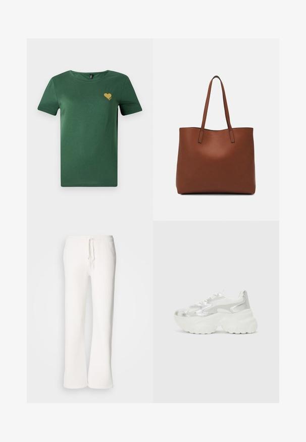 Grön bomullströja med rund halsringning och korta ärmar. Har en liten guldhjärt-grafik på bröstet. Mjuk textur, avslappnad passform.; Vita, avslappnade sweatpants i mjukt material, med elastisk midja och dragsko samt raka ben.; Silver sneakers med en texturerad mesh-överkonstruktion och iriserande accenter, med en kraftig vit sula och snörning.; Brun läder tote-väska med en slät textur, öppen toppdesign och två axelremmar. Har minimal söm och ingen synlig metalldetalj.