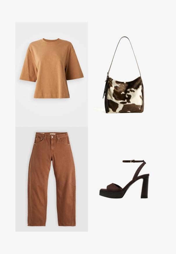 Rövid ujjú, kerek nyakú ing világosbarna pamutból. Lazán illeszkedő kialakítás sima tapintással és varrási részletekkel az ujjak és az alján.; Rozsdabarna egyenes szárú farmernadrág, elülső és hátsó zsebekkel, fém szegecsekkel, gombos záródással és övhurkokkal, síkban, fehér háttérre helyezve.; Barna velúr magassarkú szandál nyitott orral, állítható bokapánttal és csíkozott platformtalppal.; Barna és krémszínű tehénbőr válltáska sima bőrszíjjal, cipzáras záródással és puha, texturált felülettel, amely természetes mintázattal rendelkezik.