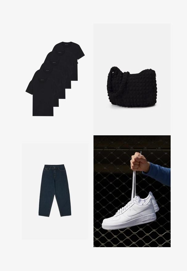 Pakke med fem svarte crew-neck t-skjorter. Korte ermer, bomulls materiale, standard passform. Glatt tekstur uten synlige mønstre eller dekorasjoner.; Mørkeblå høytlivs jeans med avslappet passform, med fem lommer og knappelukking. Laget av denim med en glatt tekstur.; Hvite skinnsneakers med perforeringer, rund tå, flat såle og tykke lisser, med en synlig swoosh-logo og "AIR" på hælen.; Svarte tekstilveske med en strukturert, quiltet mønster. Rund form, korte, tykke håndtak og en myk, fleksibel struktur.