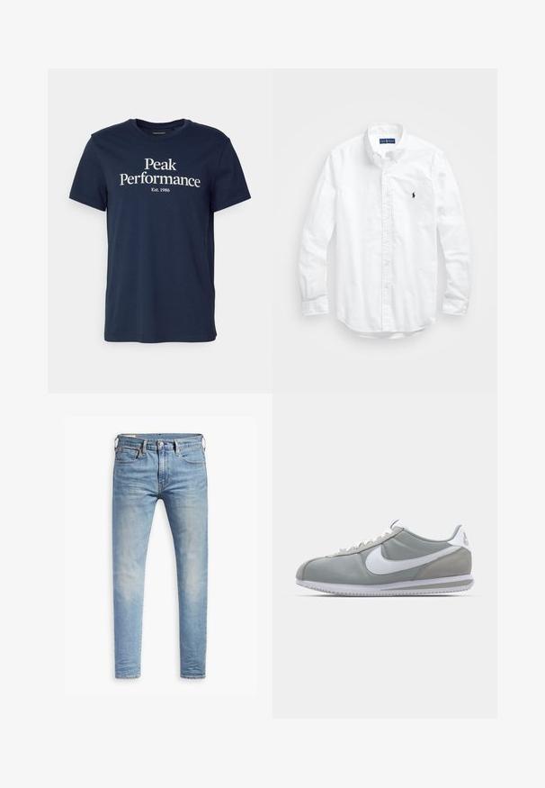 Camiseta de algodón azul marino que presenta el texto "Rendimiento Máximo" en blanco, con "Est. 1986" debajo. Cuello redondo clásico y mangas cortas.; Camisa blanca de manga larga de algodón con botones. Presenta un cuello clásico, puños con botones y un pequeño logo bordado en azul marino en el pecho.; Jeans ajustados de color azul claro con un ligero desgaste en los muslos, cierre frontal con botón, trabillas para cinturón y estilo de cinco bolsillos sobre un fondo blanco.; Zapatilla deportiva gris con parte superior de ante y textil, swoosh blanco de Nike y cordones blancos. Presenta una suela de goma texturizada y un collar acolchado.
