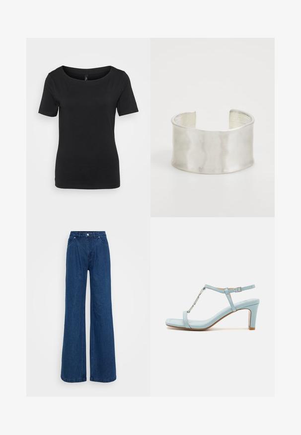 Μαύρο κοντομάνικο μπλουζάκι με φαρδύ, στρογγυλό λαιμόκοψη. Φτιαγμένο από ελαφρύ, απαλό ύφασμα με εφαρμοστό περίγραμμα. Χωρίς ραφές.; Φαρδιά τζιν παντελόνια με ψηλή μέση, κλείσιμο με κουμπί και φερμουάρ μπροστά, και μπροστινές και πίσω τσέπες σε ουδέτερο φόντο.; Ανοιχτό μπλε σανδάλι με ψηλό τακούνι και λουράκι στον αστράγαλο, με σχέδιο τετράγωνης μύτης, που διαθέτει μεταλλική λεπτομέρεια και κομψή, λείη υφή δέρματος.; Zign Βραχιόλι - silver-coloured