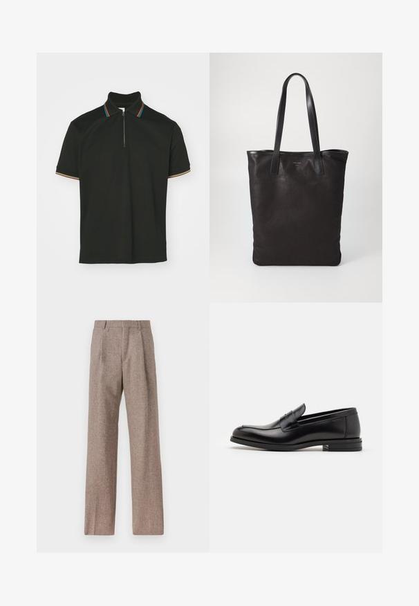 Mustast polo-särgist, millel on tõmbluku kaelus ja mitmevärvilised triibud. Lühikesed varrukad ja sile puuvillane tekstuur.; Heledsinine pikkade varrukatega särk, millel on terav krae, mustad nupud ja ainulaadne lõige ees eristuva disaini jaoks.; Prunnid, kõrge vöökohaga püksid, mis on valmistatud tekstureeritud kangast. Omavad laiu jalgu ja kahte eesmist voldikut struktuuri jaoks. Korralik viimistlus, ilma nähtava riistvarata.; Mustad mustad nahast loafers sileda tekstuuriga, ümarat ninaosa ja dekoratiivne riba vampi üle. Madal kihiline konts, minimalistlik disain.; Mustmust kott mustade nahkade käepidemetega. Lihtne disain, avar keha ja sile tekstuur. Pole nähtavaid logosid ega mustreid.