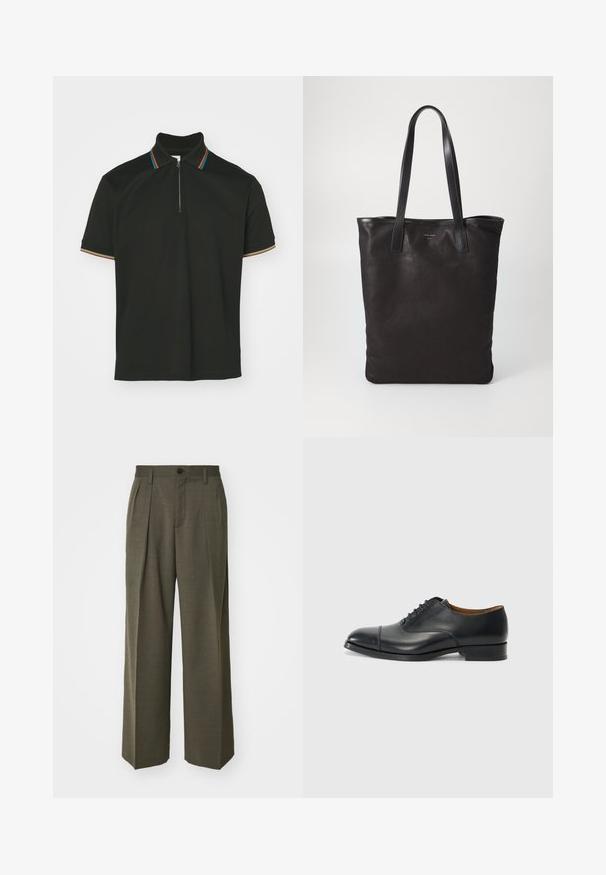 Fekete poloing, cipzáras gallérral, több színű csíkokkal. Rövid ujjú és sima pamut textúrájú.; Filippa K WIDE TROUSERS - Nadrágok - driftwood; Fekete bőr dress cipő sima felülettel, lekerekített orral, öt fűzőlyukkal és alacsony blokksarkal. Minimalista dizájn, finom varrásokkal.; Fekete vászontáska fekete bőr füllel. Egyszerű dizájn, tágas test és sima textúra. Nincsenek látható logók vagy minták.