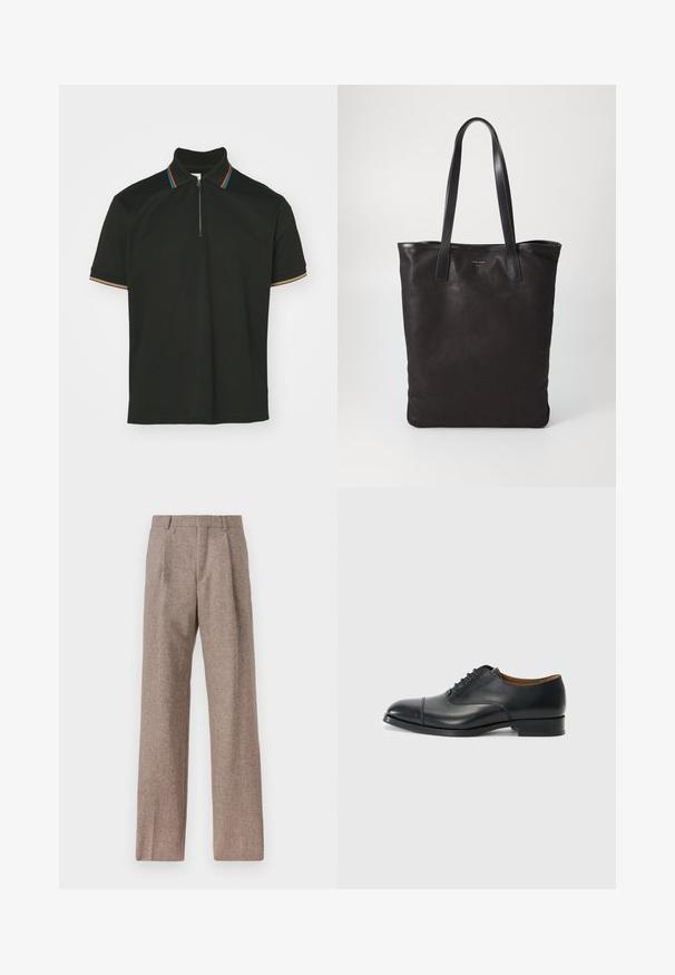 Fekete poloing, cipzáras gallérral, több színű csíkokkal. Rövid ujjú és sima pamut textúrájú.; Barna, magas derekú nadrág texturált anyagból. Széles szárai és két elülső redője biztosítja a struktúrát. Ízléses kivitel, látható fémszerelés nélkül.; Fekete bőr dress cipő sima felülettel, lekerekített orral, öt fűzőlyukkal és alacsony blokksarkal. Minimalista dizájn, finom varrásokkal.; Fekete vászontáska fekete bőr füllel. Egyszerű dizájn, tágas test és sima textúra. Nincsenek látható logók vagy minták.