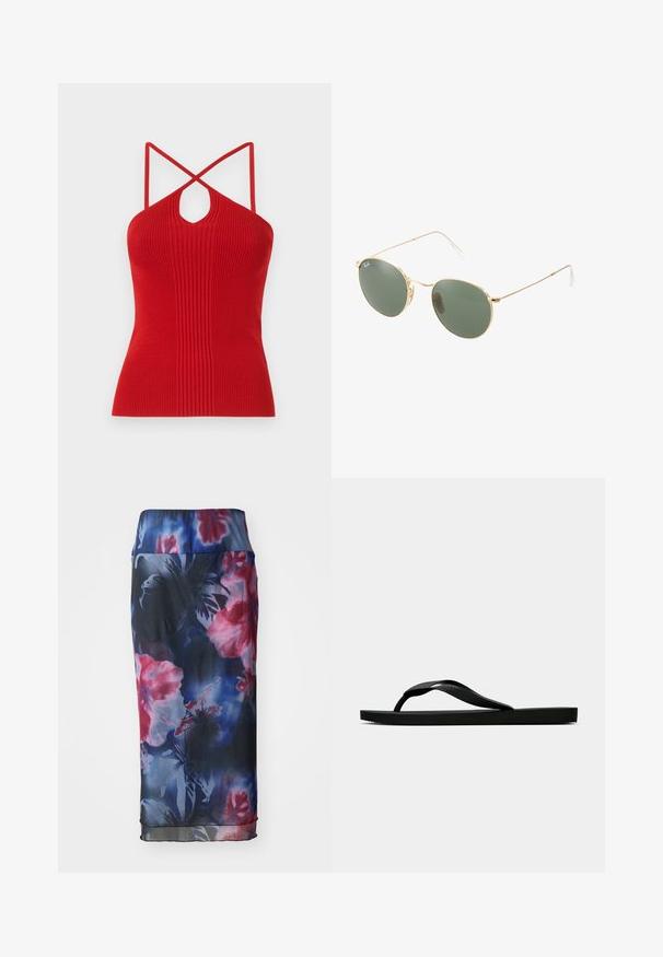 Rdeča rebrasta halter majica z ključavnico, tanjšimi križnimi naramnicami in prilegnjenim krojem. Narejena iz raztegljive pletenine.; Krilo s cvetnim vzorcem v temno modri barvi, ki vsebuje odtenke roza in vijolične, izdelano iz lahkotnega materiala z gladko teksturo in elastičnim pasom.; Črne gumijaste japonke s teksturirano thong naramnico in preprostim ravnim podplatom, prikazane s strani na enobarvni svetli podlagi.; Zlate sončne očala z zelenimi lečami, okrogle oblike, tanke ročice in bele plastične podrobnosti na konicah ročic.; Kovinski mrežasti nahrbtnik v srebrni barvi, opremljen z vozlanim ročajem, zadrgo in geometrijsko obliko telesa z gladko teksturo.