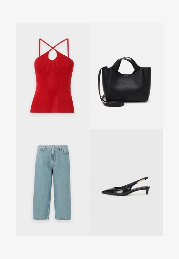 Punane ribaga halter-top, millel on võtmeaugu lõige, õhukesed risttagused rihmad ja perfektne lõige. Valmistatud venivast kudumist.; Heledad sinine denim lühikesed püksid kõrge talje, sirge lõike ja toore äärega. Omad klassikalise nööbi ja lukuga kinnituse, neli taskut.; Mustad nahast slingback kontsad terava ninaga, millel on õhuke konts ja kuldse tooni aktsent reguleeritaval rihmal. Sile tekstuur.; Must musta kott mustadest nahast tekstureeritud pinnaga, nurgeline kuju, kahe käepidemega ja reguleeritava õlašliipiga. Sisaldab DKNY logo aktsenti.