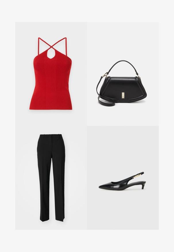 Raudona dirželių palaidinė su raižyto audinio, išpjovimu, plonais kryžminiais dirželiais ir prigludusiu siluetu. Pagaminta iš elastingos trikotažo medžiagos.; Juodi pritaikyti kelnių modeliai su tiesiomis kojomis, pasižyminčios lygiomis tekstūromis ir ryškiomis klostėmis priekyje. Nėra matomų detalių.; Juodas odinis pavasario batelių modelis su smailiu nosiu, turintis siaurą kulniuką ir auksinės spalvos akcentu reguliuojamoje juostoje. Lygi tekstūra.; Juoda odinė rankinė su struktūrizuotu dizainu, turi trumpą formą, viršutinę rankeną ir auksinius akcentus. Pridėtas reguliuojamas peties diržas.